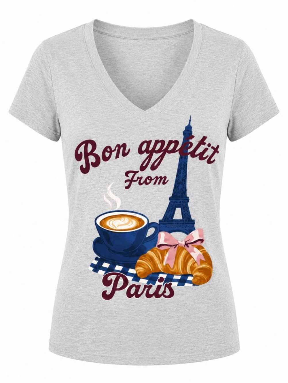 Women's Bon Appétit From Paris Graphic V-Neck Heather gray T-Shirt S-XL